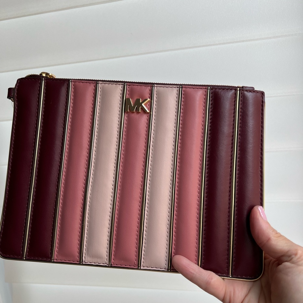NWT Michael Kors burgundy/pink striped 70s-inspired clutch/wristlet